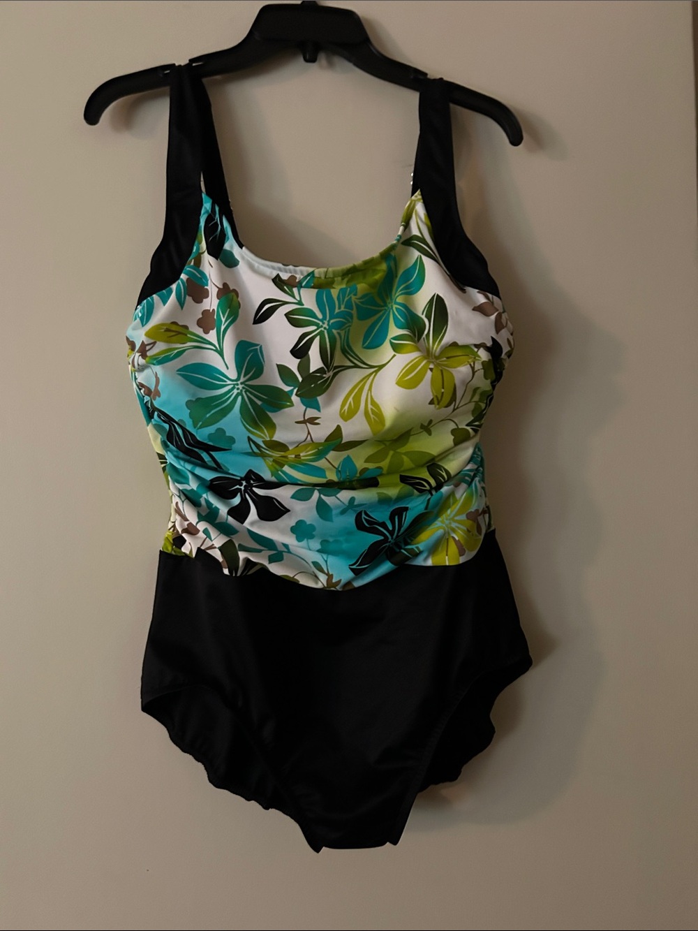 Trim Shaper Floral One-Piece Swimsuit in Black and Teal size 16W-DD underwire